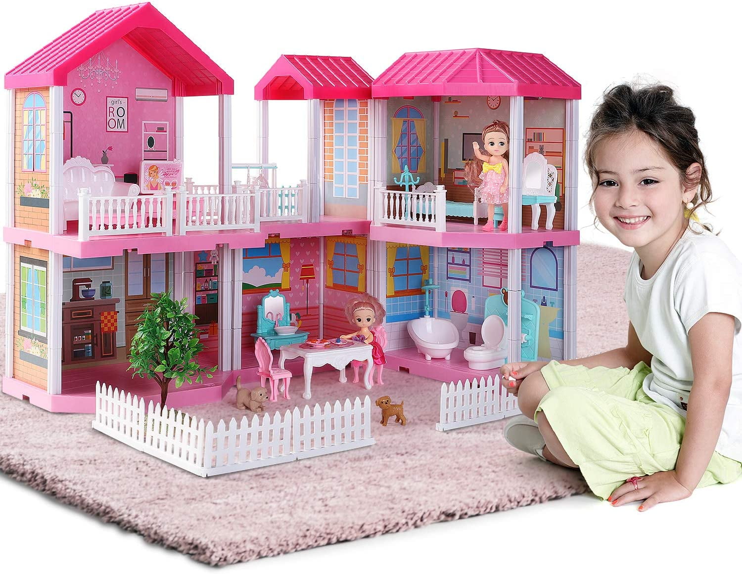678 Doll House Kit,Dollhouse with Lights, Slide, Pets and Dolls, DIY  Pretend Play Building Playset Toys with Asseccories and Furniture, Princess  House