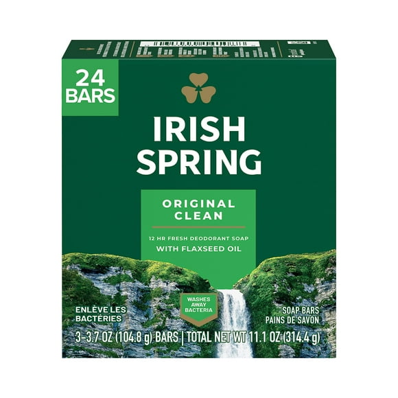 Irish Spring Savon en Barre pour Hommes, Original Propre, Odeur Fraîche et Propre pendant 12 Heures, Barres de Savon pour Se Laver les Mains et le Corps, Doux pour la Peau, Carton Recyclable, 3.7 Onces