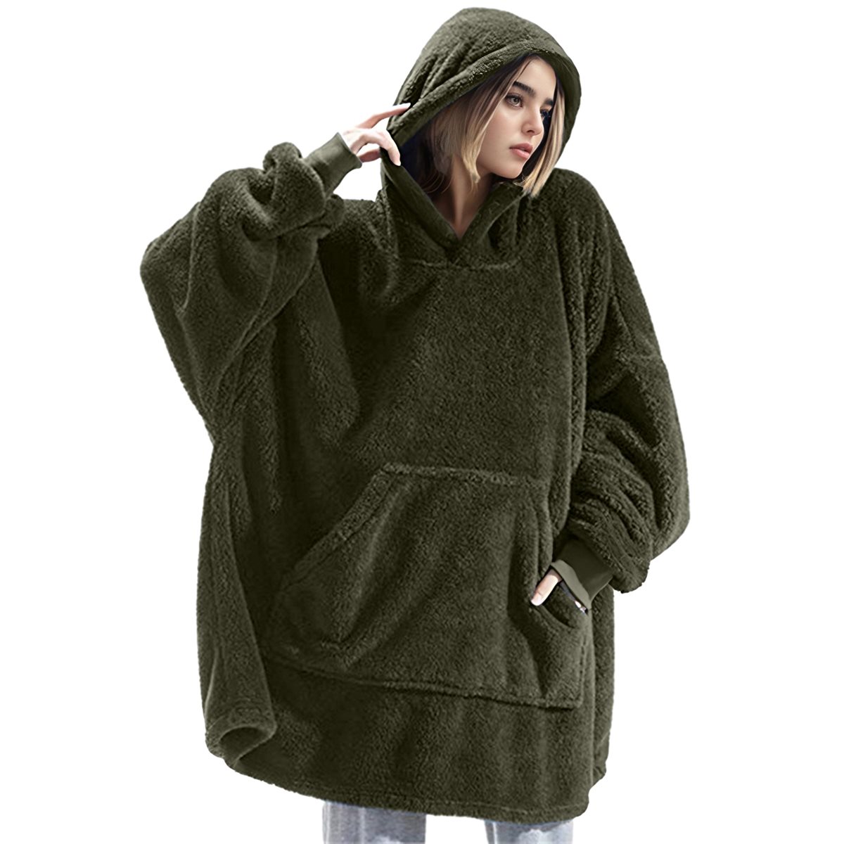 Oversized Blanket Hoodie Sweatshirt, Wearable Lounging Pullover for Adults Women Men Green One size