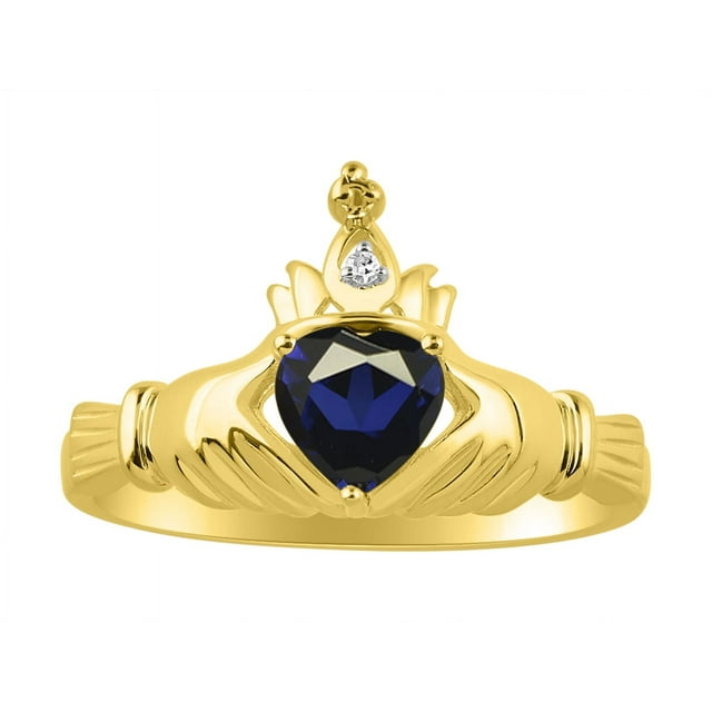 RYLOS Rings 14K Yellow Gold Claddah Love, Loyalty & Friendship Ring Heart 6MM Gemstone & Diamond Claddagh Rings September Sapphire Jewelry Size 6