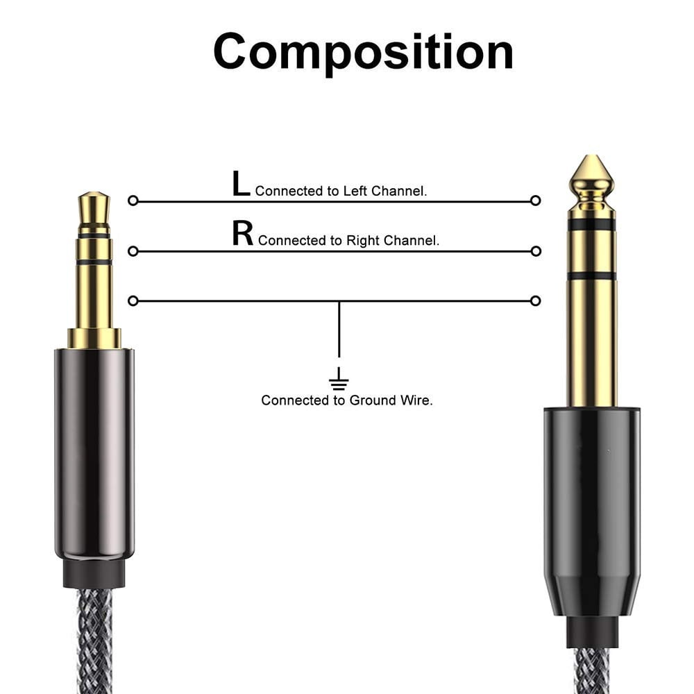 Premium 3.5mm to 6.5mm TRS Stereo Audio Cable for Phone, Computer, Mixer, and Speaker, Black, 1m Length
