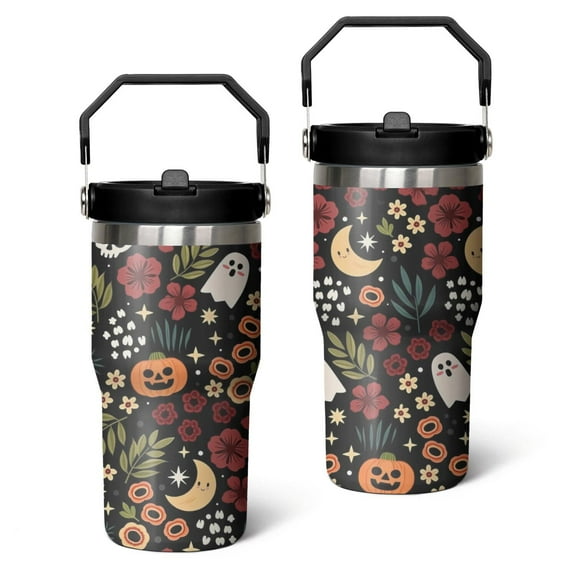 20 Oz Tumbler Ghost Moon Pumpkin Flowers Tumbler with Lid and Straw, Birthday Gift Cup for Friend Women Men Coffee Travel Mug Thanksgiving Day Halloween Christmas Gift Water Bottle