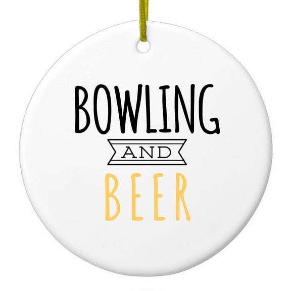 DistinctInk Hanging Ceramic Christmass Tree Ornament with Gold String - Great Gift / Present - 2 3/4 inch diameter - Bowling and Beer