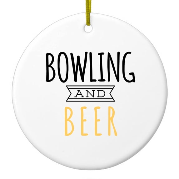 DistinctInk Hanging Ceramic Christmass Tree Ornament with Gold String - Great Gift / Present - 2 3/4 inch diameter - Bowling and Beer