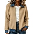 thumbnail image 2 of JULMCOMO Ribbed Knit Jacket for Women Collared Denim Contrast Zip Up Jacket Spliced Jean Trim Long Sleeve Casual Cardigan Khaki XL, 2 of 5