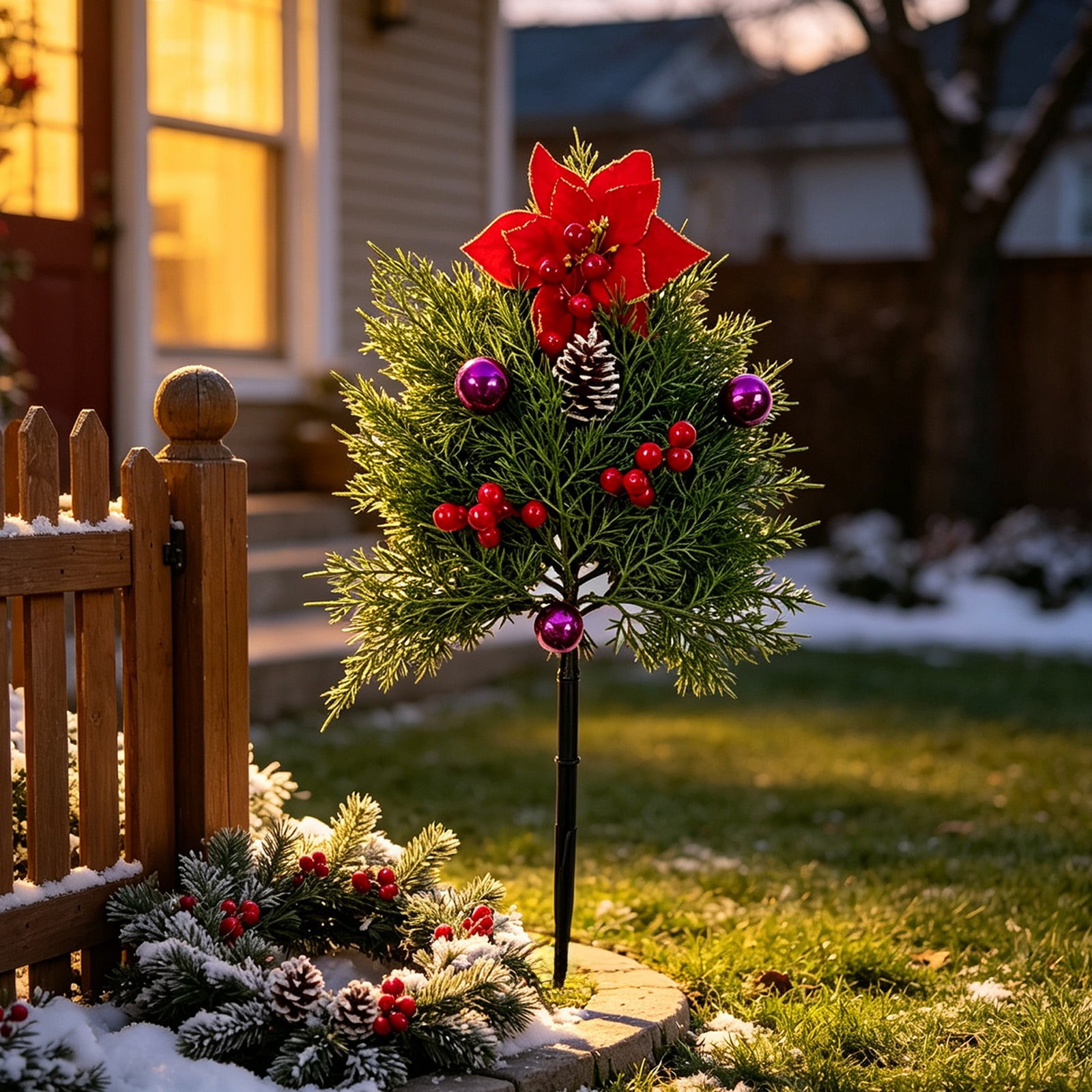 Guodhu Ground Insert Christmas Artificial Flower Bush with Realistic Foliage for Outdoor Courtyard Garden Landscaping Decor(Model without lights)