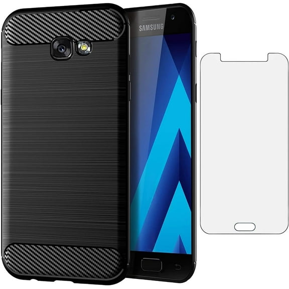 REQO Phone Case for Samsung Galaxy A7 2017 with Tempered Glass Screen Protector Cover and Cell Accessories Silicone Slim Soft Rubber Protective Gaxaly 7A SM A720 A720F Women Men Carbon Fiber Black