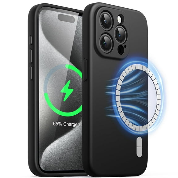 JETech Magnetic Silicone Case for iPhone 15 Pro Max 6.7-Inch, Compatible with MagSafe, Phone Cover with Camera Lens Full Protection (Black)