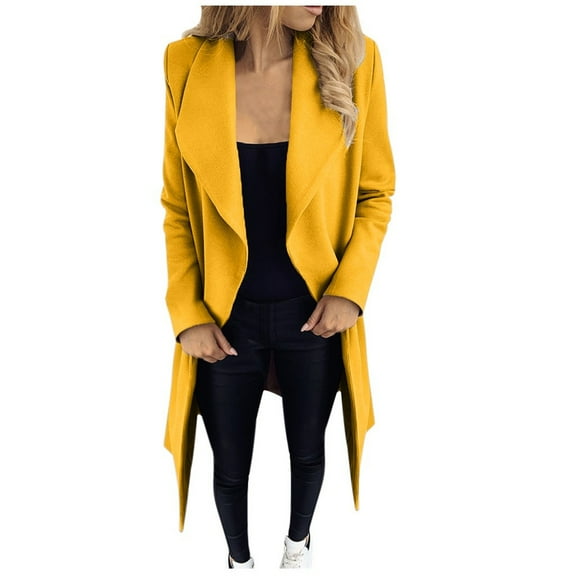 PMVFHDE Winter Coats for Women Solid Color Daily Versatile Pocket Notch Lapel Wool Belted Long Cardigan Coat for Casual Wear Yellow,S