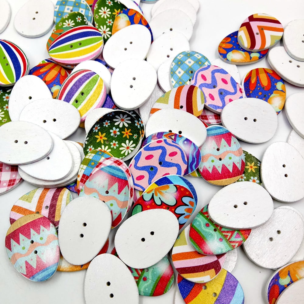 100 PCs Mixed Wooden Buttons Painting Easter Eggs 2Hole Fit Sewing DIY Craft New