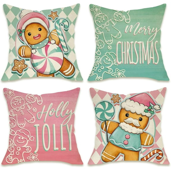 Merry Christmas Gingerbread Man Decorative Throw Pillow Covers 18 x 18 Set of 4, Peppermint Candy Porch Patio Outdoor Pillowcase, Holly Jolly Winter Holiday Cushion Case Home Decor