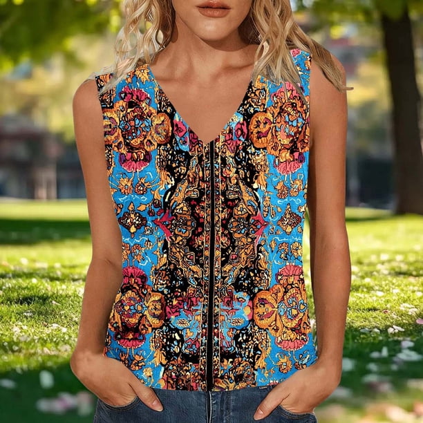 TaTaai Ladies Fashion Tshirt Sleeveless V Neck Printed Camisole Strap Detail Top Lightweight Spring Summer Daily Wear Gift