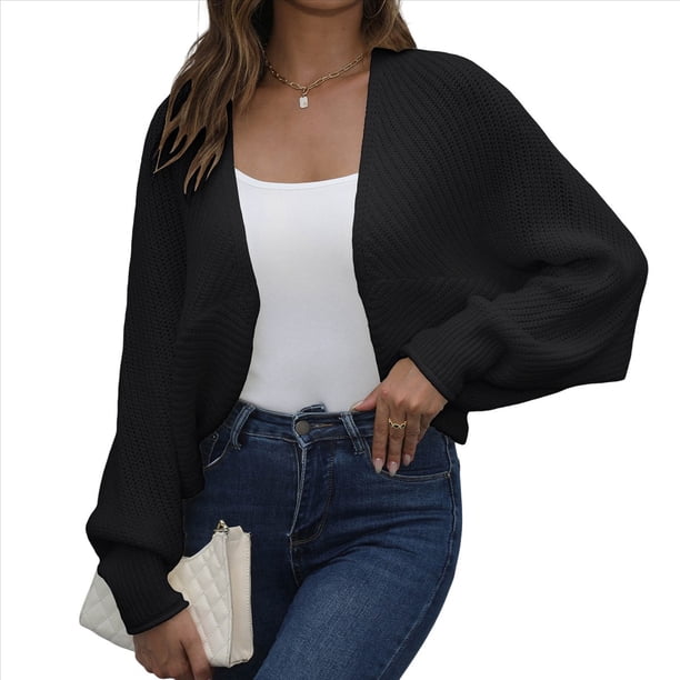 Corto de Punto con Mangas Murciélago Largas para Mujer, Cárdigan Informal Elegante con Abertura Frontal para Vestidos. Negro L