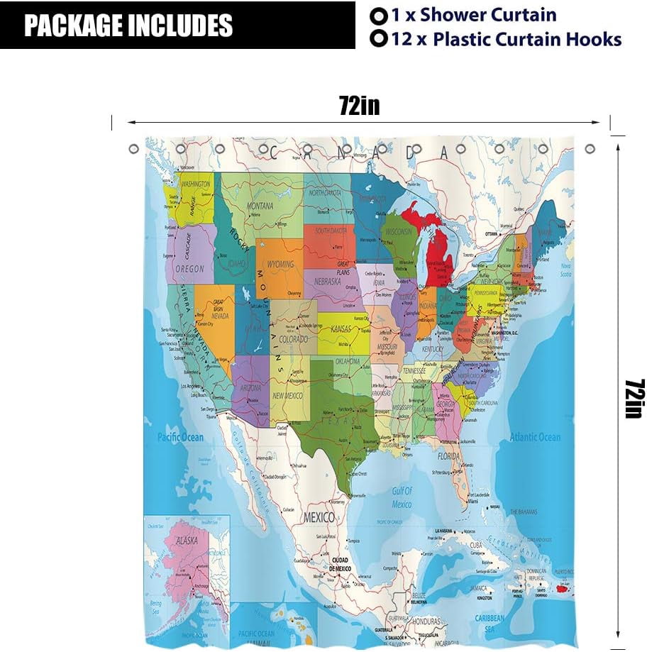 American Map Shower Curtain 72X72 Inch Educational Geography USA Cities White Earth Technology Colorful Kids Bathroom Home Decor Polyester Fabric 12 Pack Plastic Shower Hooks
