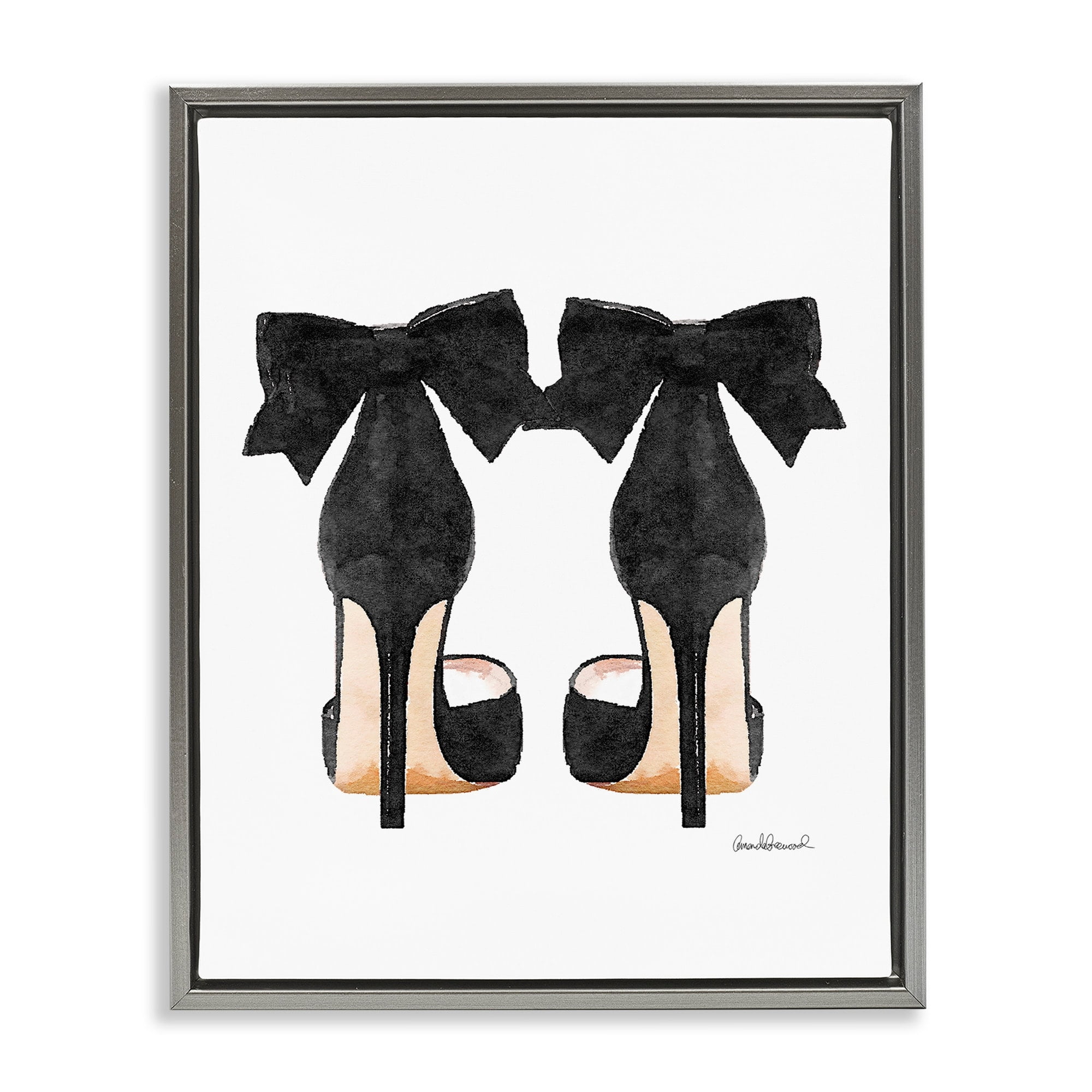 Stupell Industries Glam Pumps Heels With Black Bow Luster Gray Framed Floating Canvas Wall Art, 24x30, by Amanda Greenwood