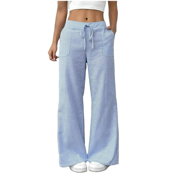 Enjoytime Casual Pants for Women Striped Linen Straight Leg Pants with Drawstring Fashion Casual Loose Work Trousers Sky Blue XL