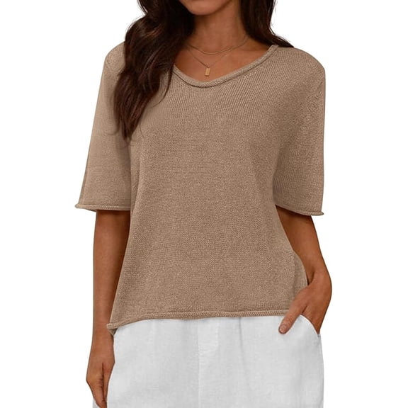 BTFBM Sweaters for Women Summer Oversized Half Short Sleeve Knitted Pullover V Neck Casual Loose Fit Spring Tops