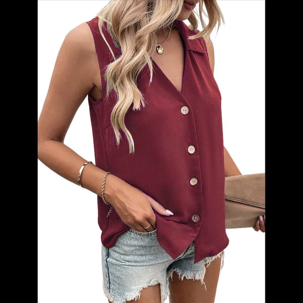 Blusa Tipo Túnica Informal con Cuello en V y Botones, Sin Mangas, para Mujer Rojo Vino S