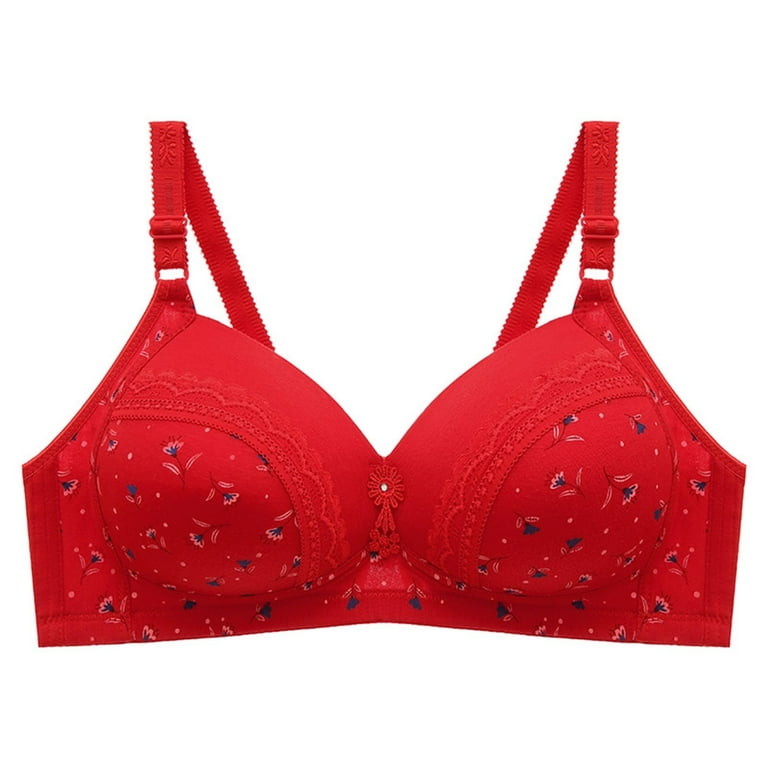 RYRJJ Full-Coverage Bras for Women No Underwire Push Up Bra Cute Print  Adjustable Strap Comfy Non Padded Minimizer Bras(Red,L)