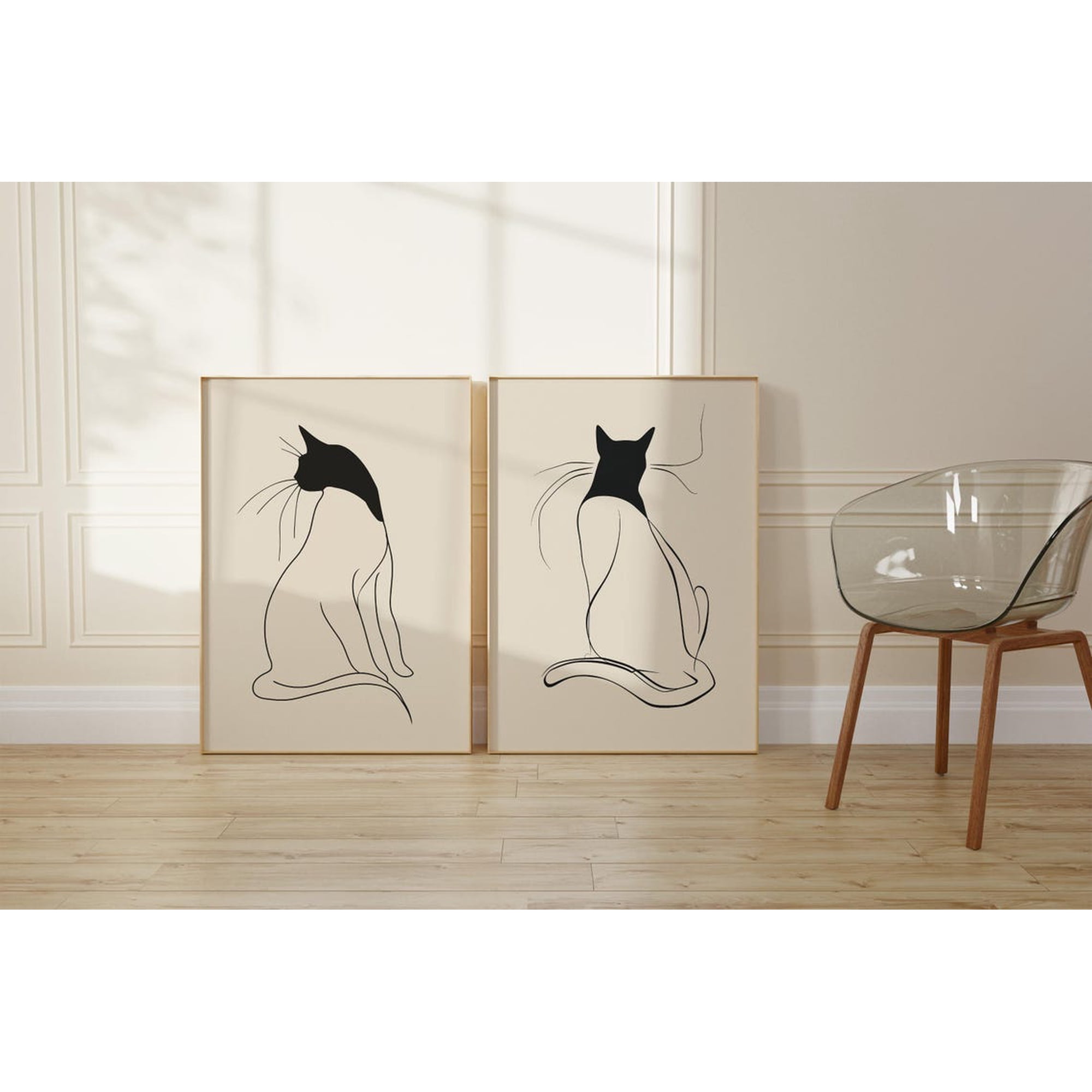 Set Of 2 Minimalist Cat Line Wall Art Prints Modern Nature Inspired Living Room Decor