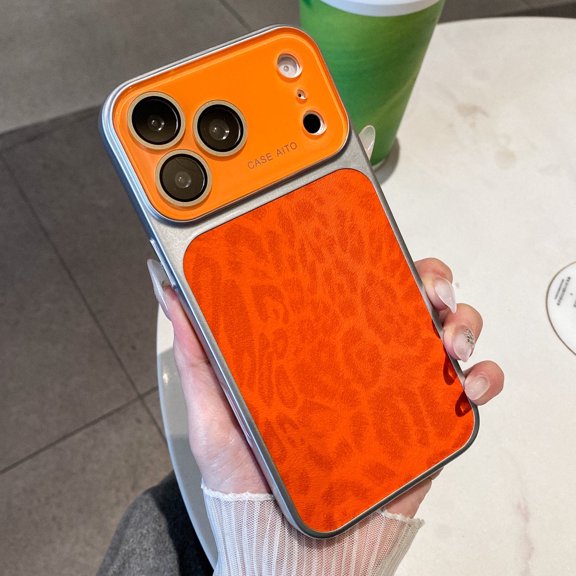 ArtCaseLab iPhone 17 Pro Max Leopard Print Protective Phone Case, Faux Leather Texture Cover with Large Window Camera Protection, Shockproof Slim Case, Orange