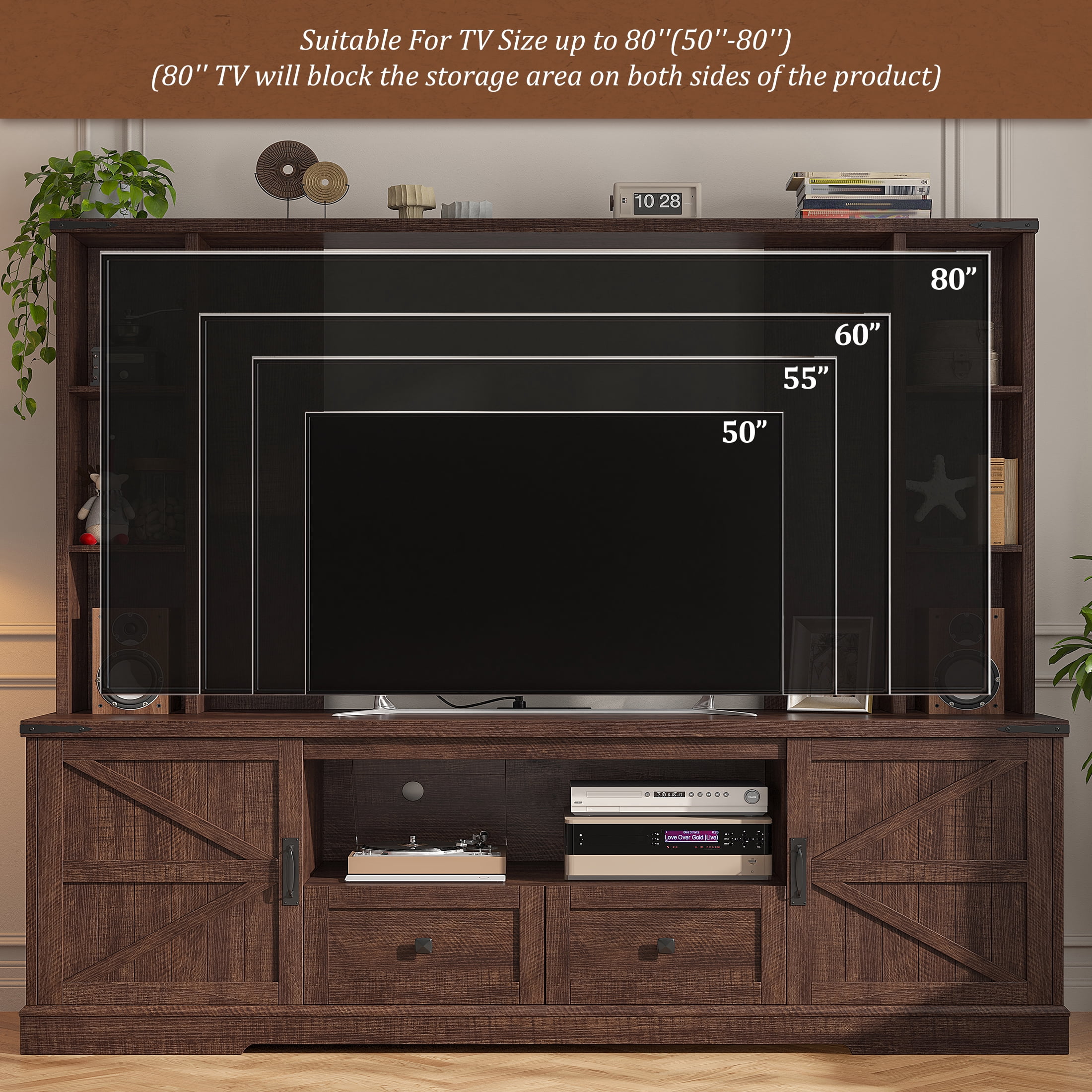 EnHomee Entertainment Center with LED Lights and Power Outlets, Large Farmhouse TV Stand for up to 60" TVs with Storage, White