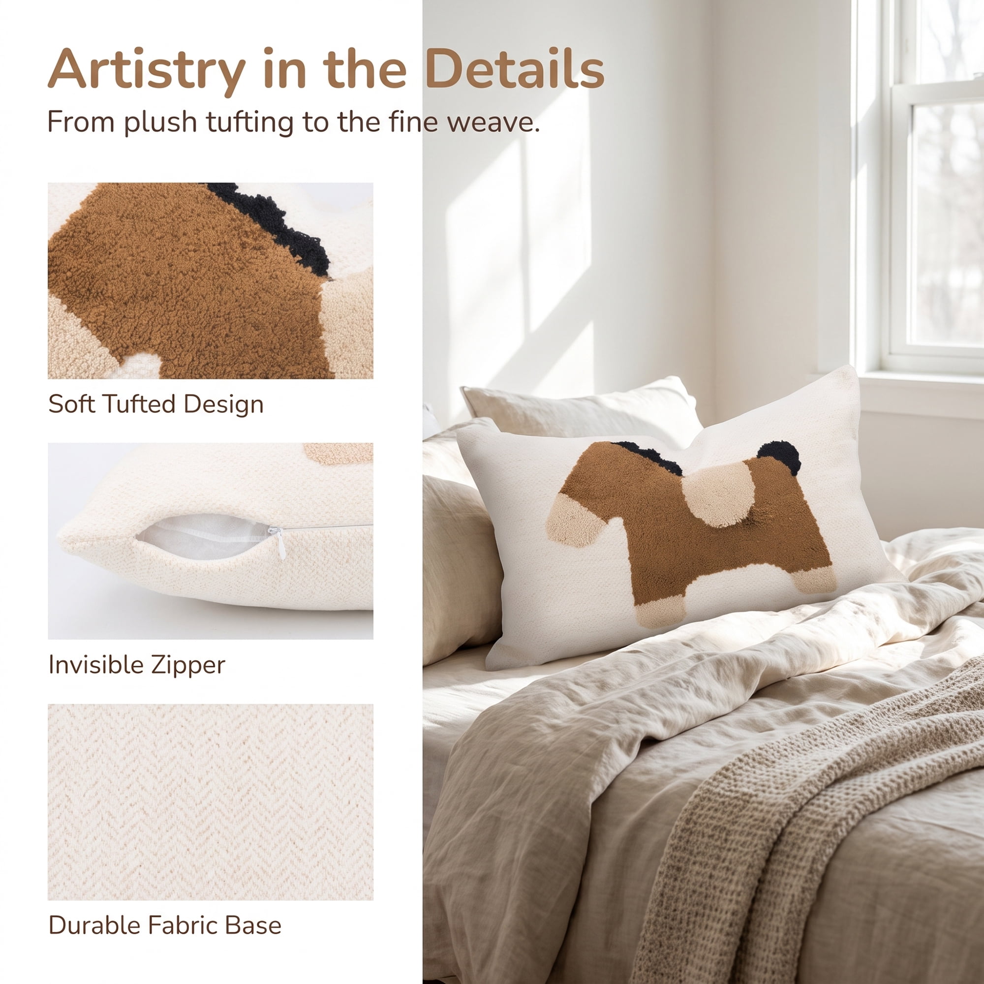 Unique Bargains 3D Tufted Cute Animal Throw Pillow Cushion Cover Brown Horse 20"x12"