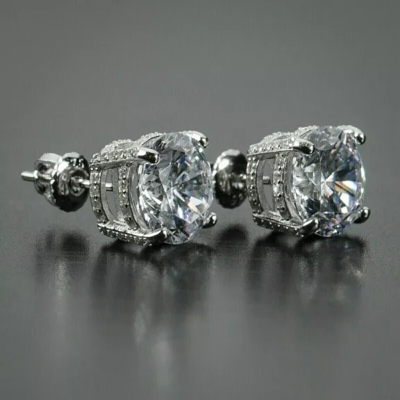 3Ct Round-Cut Lab Created Men's Cluster Stud Earrings 14K White Gold Plated