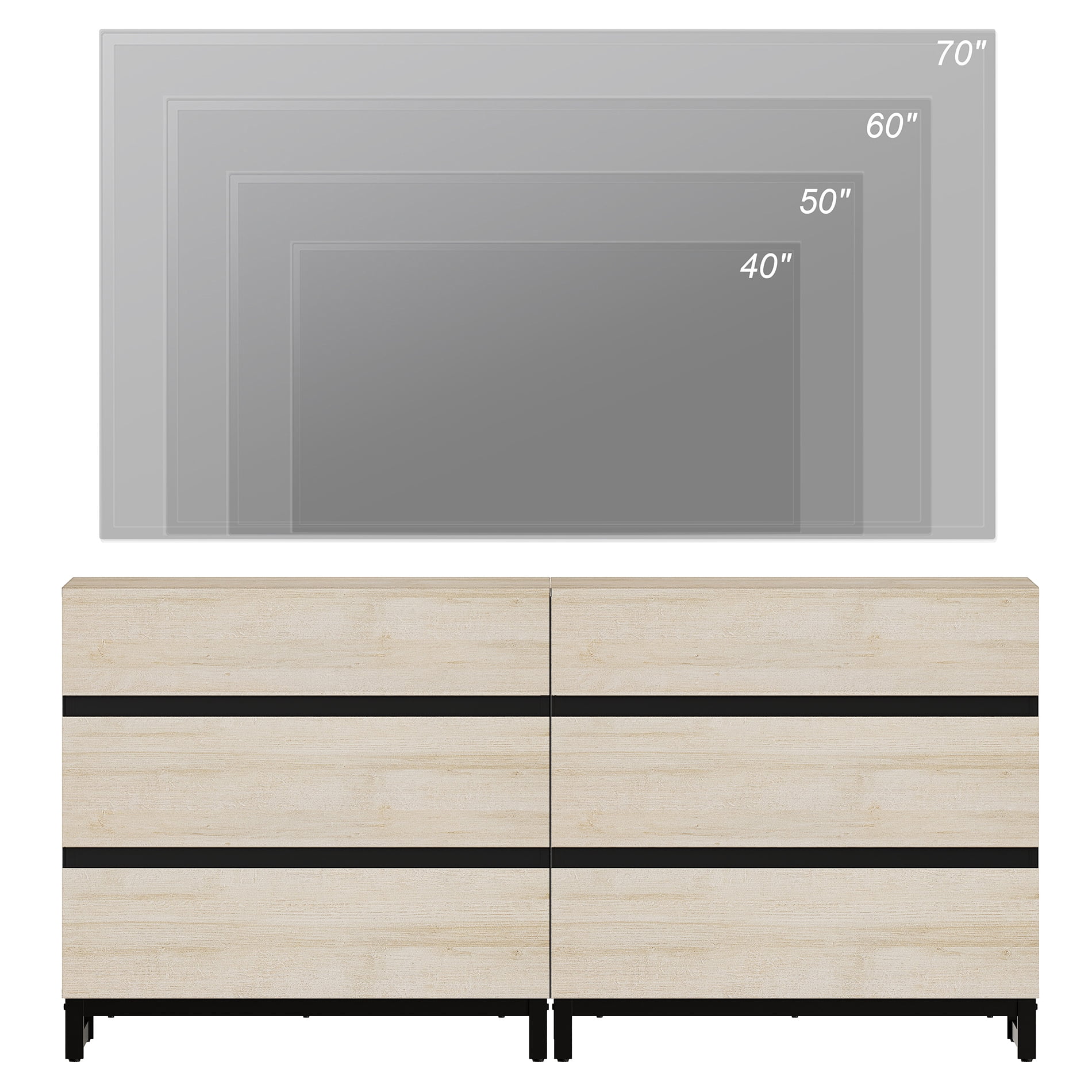 WAMPAT Modern TV Stand for TVs up to 70 inch, Entertainment Center TV Console Table with 6 Drawers and Metal Base, Media Console for Living Room, Bedroom, Light Oak