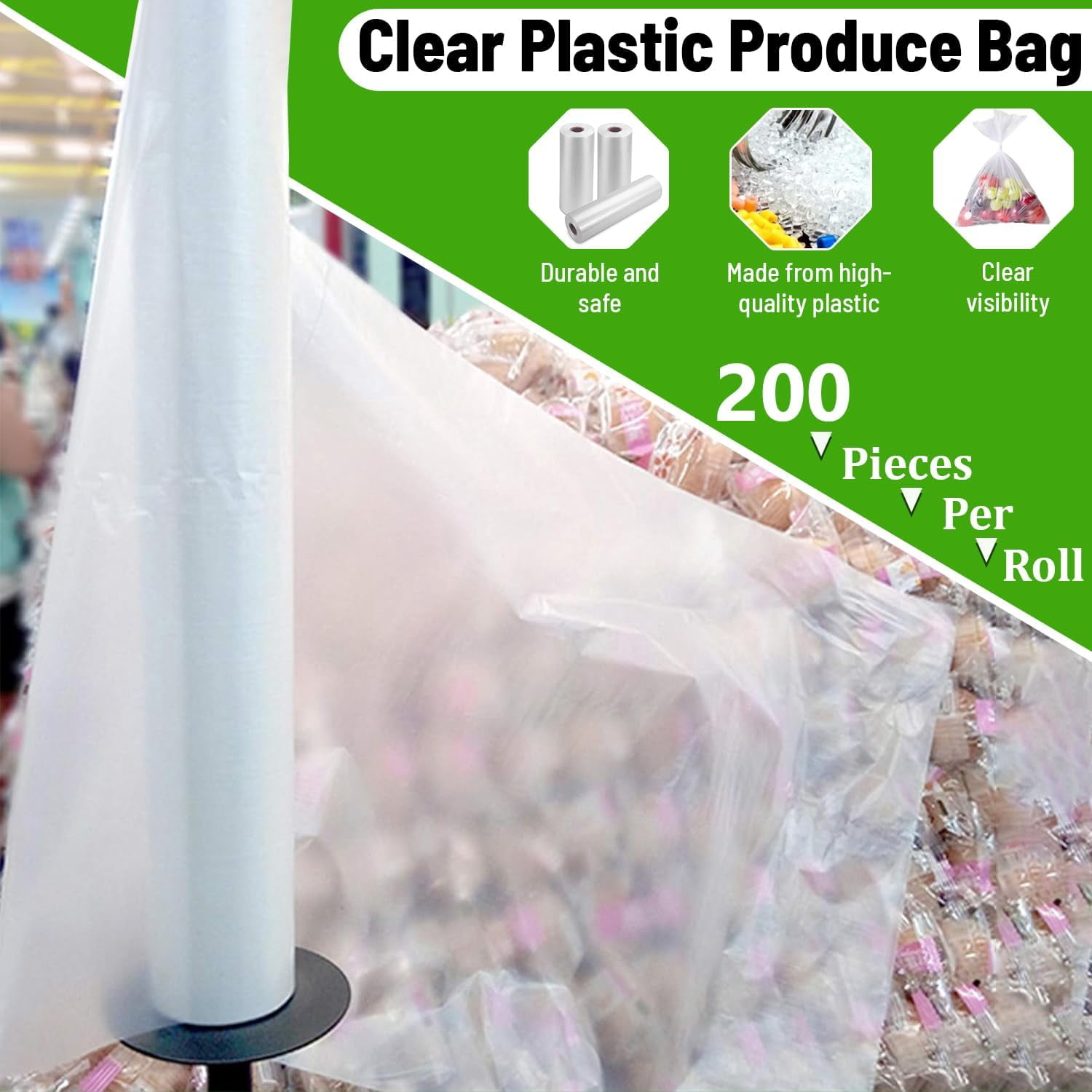 [4 Rolls] 12" X 20" Plastic Produce Bags on a Roll, Bread and Grocery Clear Bag, 350 Bags Per Roll