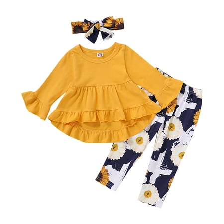 

Kucnuzki 3T Toddler Girl Fall-Winter Outfits Pants Sets 4T Long Trumpet Sleeve Solid Color Ruffled Layer Tops Elastic Sunflower Prints Pants Headband 3PCS Set Yellow