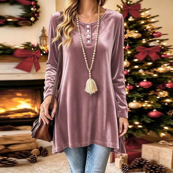 Karymi Solid Velvet Tunic Womens Tops, Crew Neck Half Button Long Sleeve Loose A-line Hem Pullover