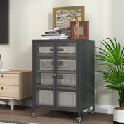 Glyxxen Stereo Cabinet, Metal Media Storage Cabinet with Glass Doors, Audio-Video Media Stand for Meeting, Living, Recording Room, Black