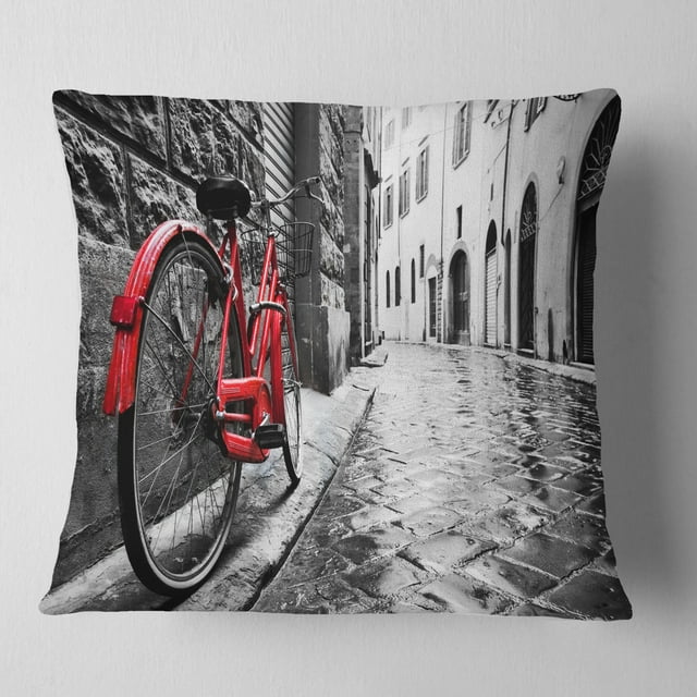 Vélo Rouge Vintage Rétro - Paysage Urbain Photo Jeter Oreiller - 16x16