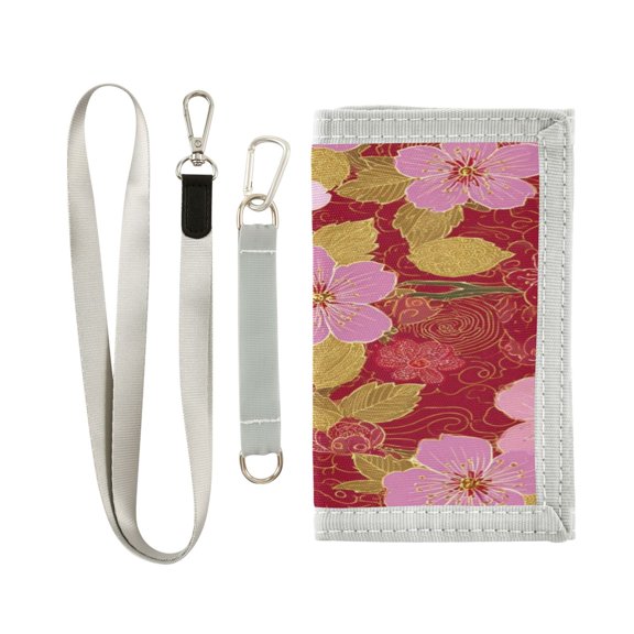 Nylon Fabric Wallet Compact Bifold With Zipper Coin Pocket Card Slots And Detachable Keychain Lanyard Cherry Blossoms Flowers