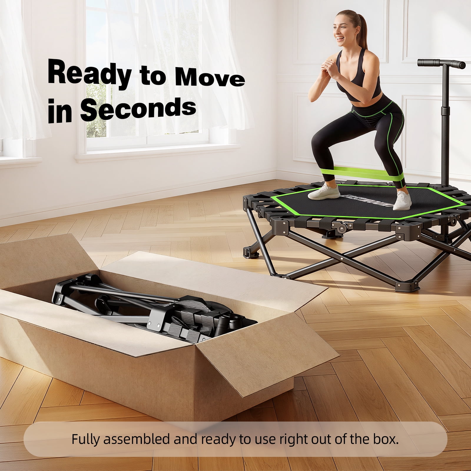 EAST MOUNT 42" Foldable Mini Trampoline for Adults, No Assembly Ultra Quiet Fitness Rebounder with Adjustable Handle, 450LBS Capacity Low Impact Exercise Trampoline for Home Gym Apartment