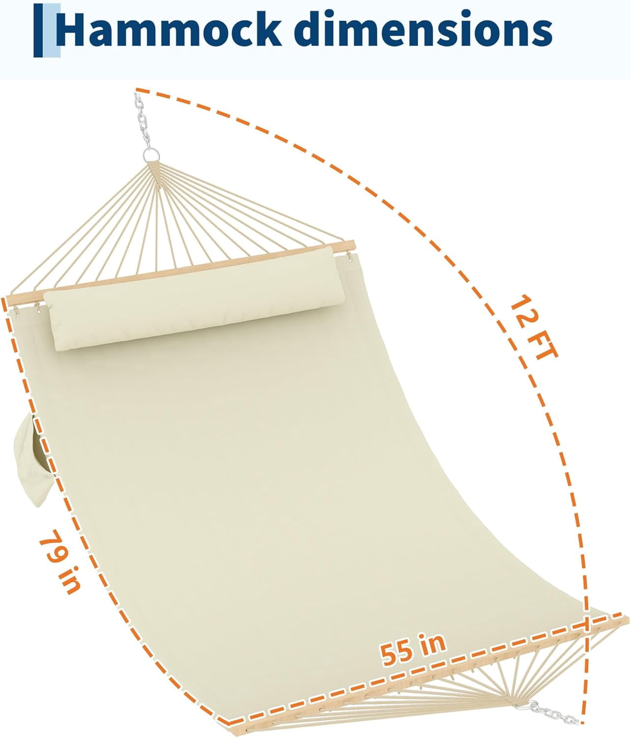IdealHouse Comfortable 2 Person Quilted Hammock with Hardwood Spreader Bars & Pillow – 450lbs Capacity – Ideal for Patio, Backyard, or Poolside – Double Outdoor Hammock – Beige