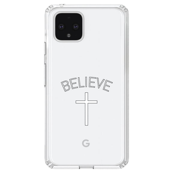 DistinctInk Clear Shockproof Hybrid Case for Google Pixel 4 XL (6.3" Screen) - TPU Bumper Acrylic Back Tempered Glass Screen Protector - BELIEVE - Cross, Jesus