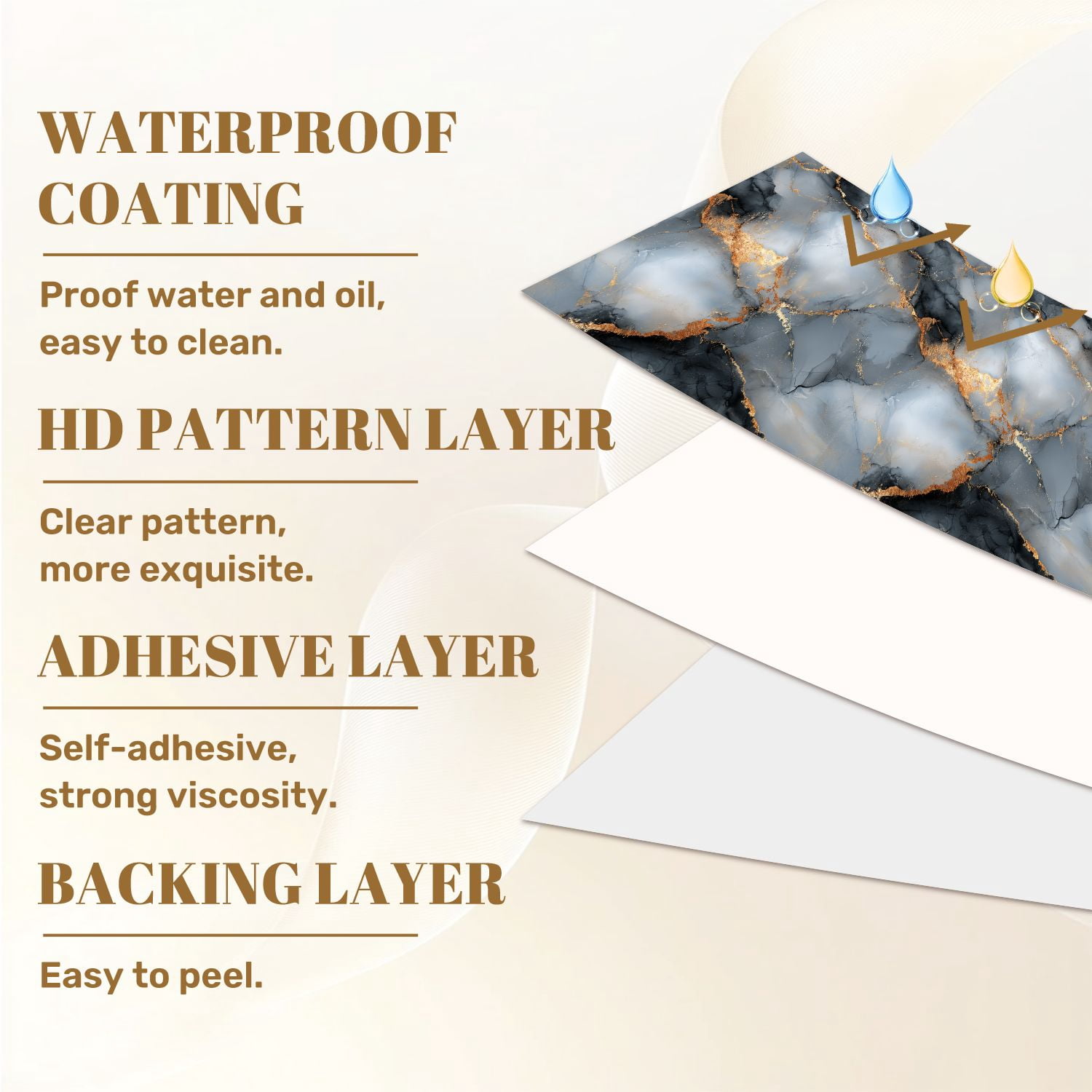 Peel and Stick Wallpaper Abstract Gray Gold Marble Design Cracked Wall Mural 17.7in x 9.8ft Self Adhesive Removable Wall Paper Renter Friendly Wallpaper for Nursery Bedroom Cabinets