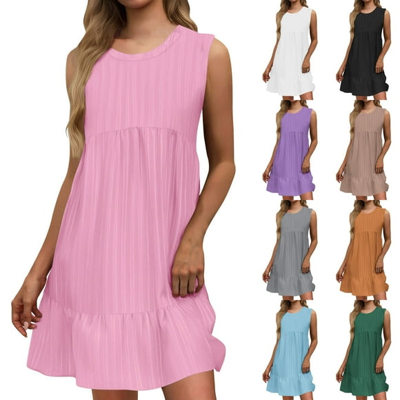 Sentmoon Plus Size Dress Summer 2026 Delightful Solid Color Crew Neck Slip Dress Stretchy Regular Fit Beach Accessories Must Haves for Travel and Holiday Black L