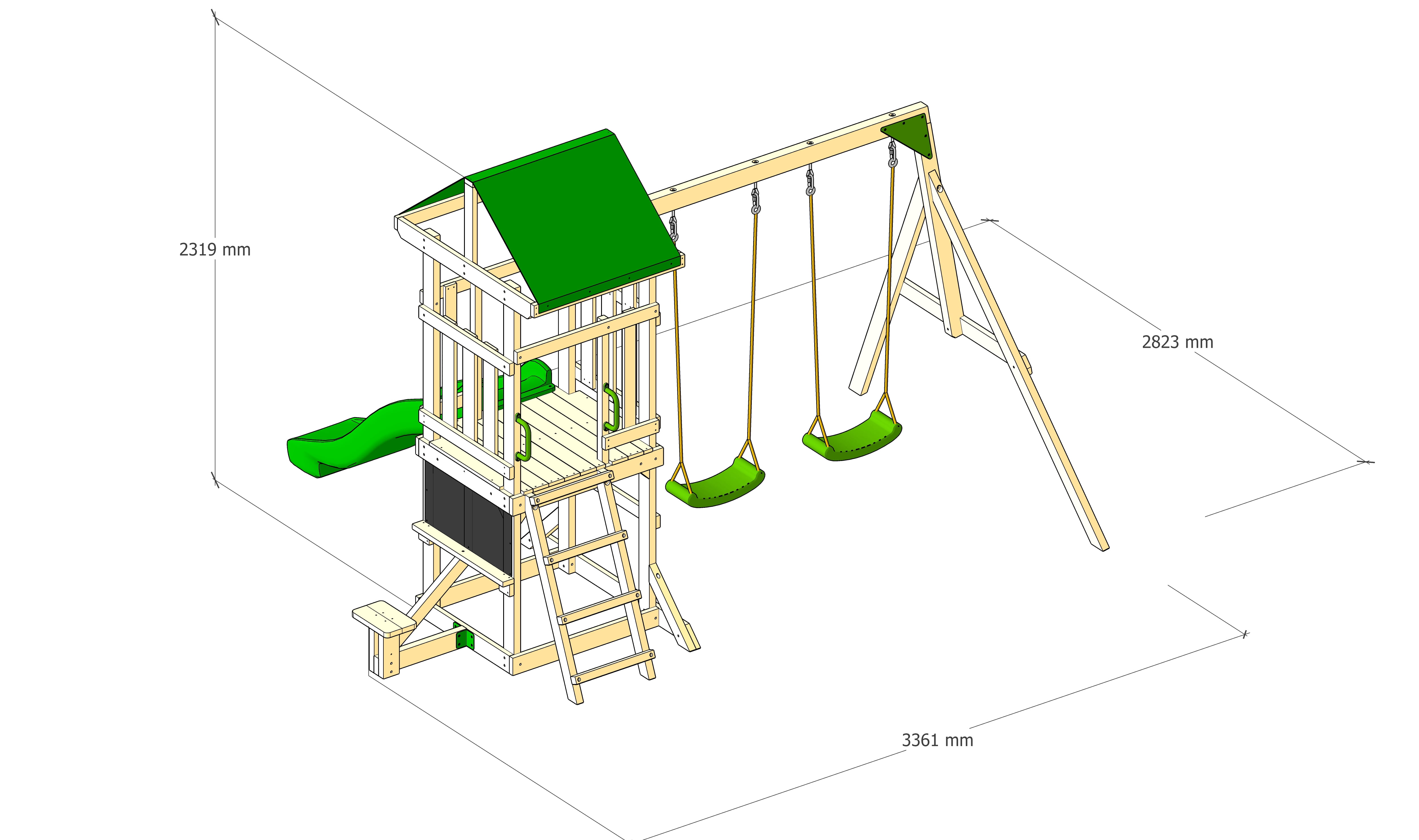 DOLPHIN PLAYGROUND Wooden Outdoor Playset with Dual Swings, Slide, and Playhouse - Rounded Edges