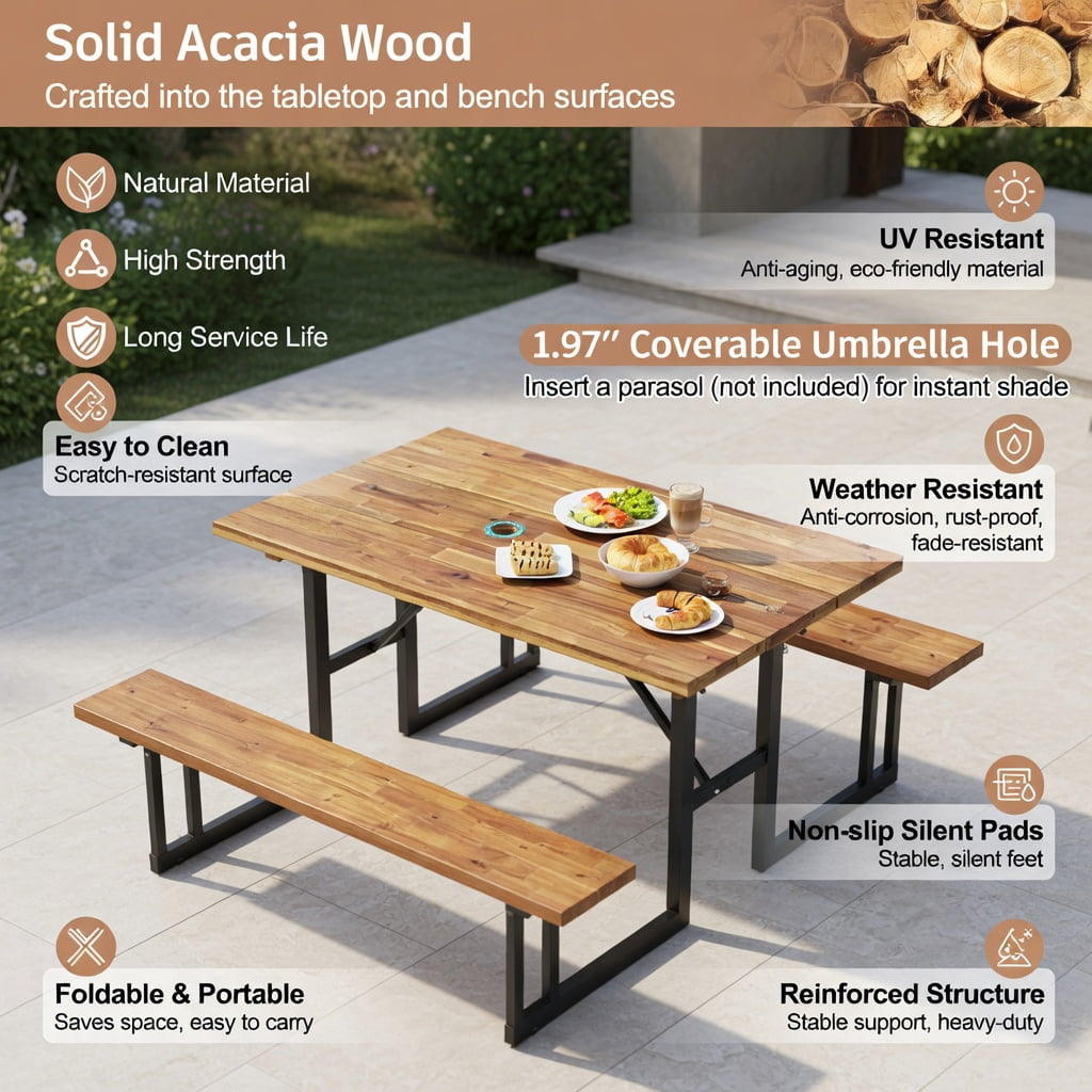Hommoo 6-Person Acacia Wood Outdoor Picnic Table Set with Built-In Benches, Heavy-Duty Metal Frame, Umbrella Hole, Deck & Patio Ready, Brown & Black