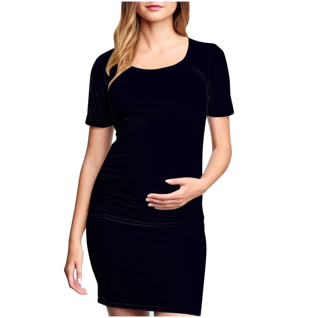 yoeyez Robe de Maternité Été Femmes Manches Courtes Col Rond Robe Soleil Douce Confortable Coton Robes de Grossesse Légère Ample Grande Taille Robe Midi Noir,G