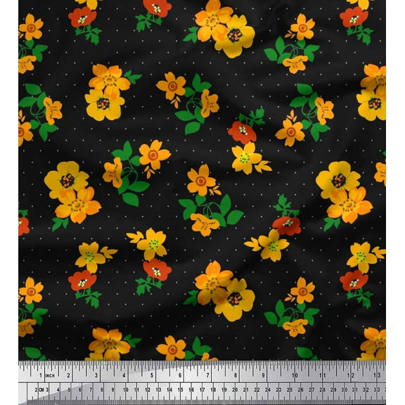 Soimoi Black Cotton Duck Fabric Dot,Leaves & Buttercup Floral Print Sewing Fabric Yard 42 Inch Wide