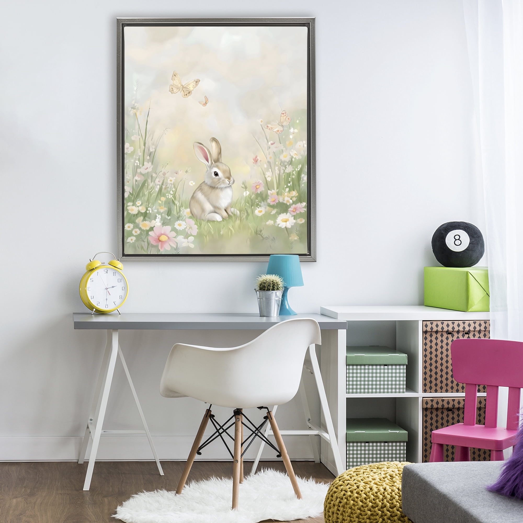 Stupell Industries Nursery Bunny in Meadow Gray Framed Floater Canvas Wall Art, design by Arlington Prints
