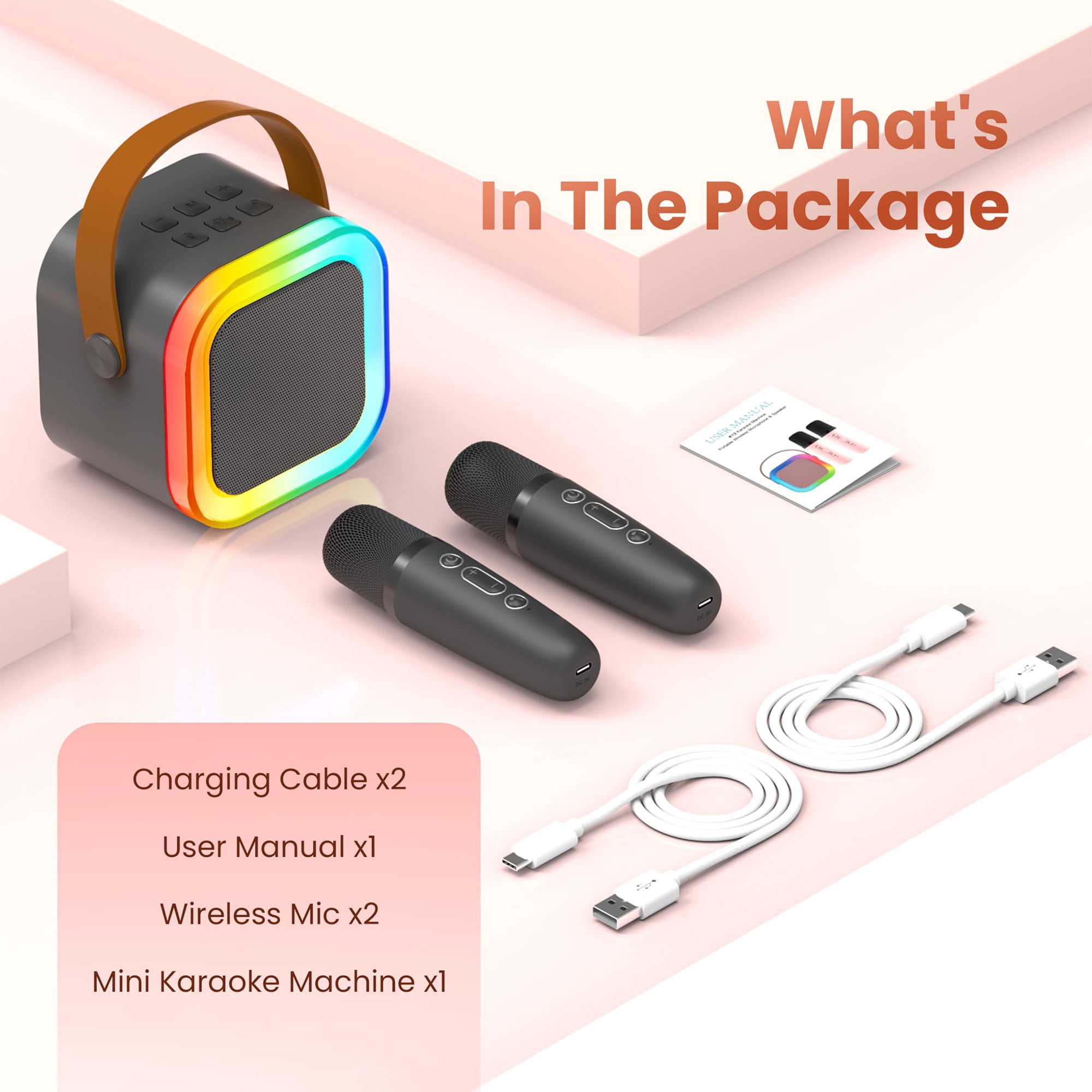 BONAOK Mini Karaoke Machine for Kids, Portable Karaoke Speaker with 2 Wilreless Microphones and Bluetooth for Home Party, Birthday Gifts for Girls(Grey)