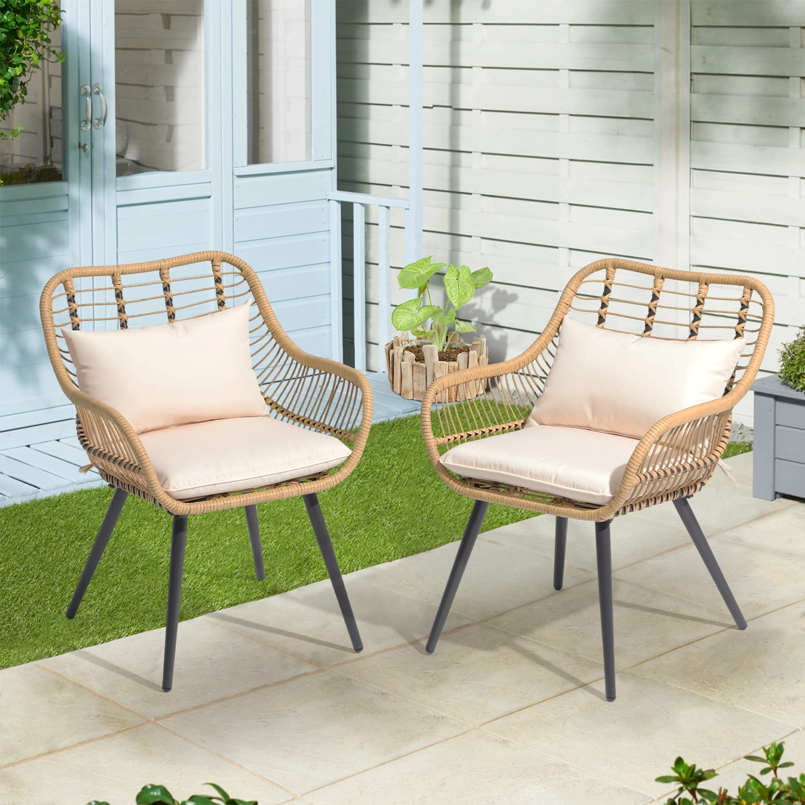 JOIVI Outdoor Wicker Chairs Set of 2, Patio Dining Chair with Cushions, All-weather Rattan Porch Chairs with Armrest for Outside Lawn, Balcony, Garden, White