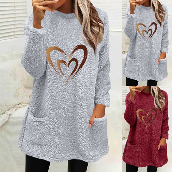 Feancey Womens Thermal Sweatshirts Winter Fuzzy Fleece Pullover Trendy Heart Print Christmas Sweatshirt Tops Sherpa Warm Loungewear with Pockets Gray L