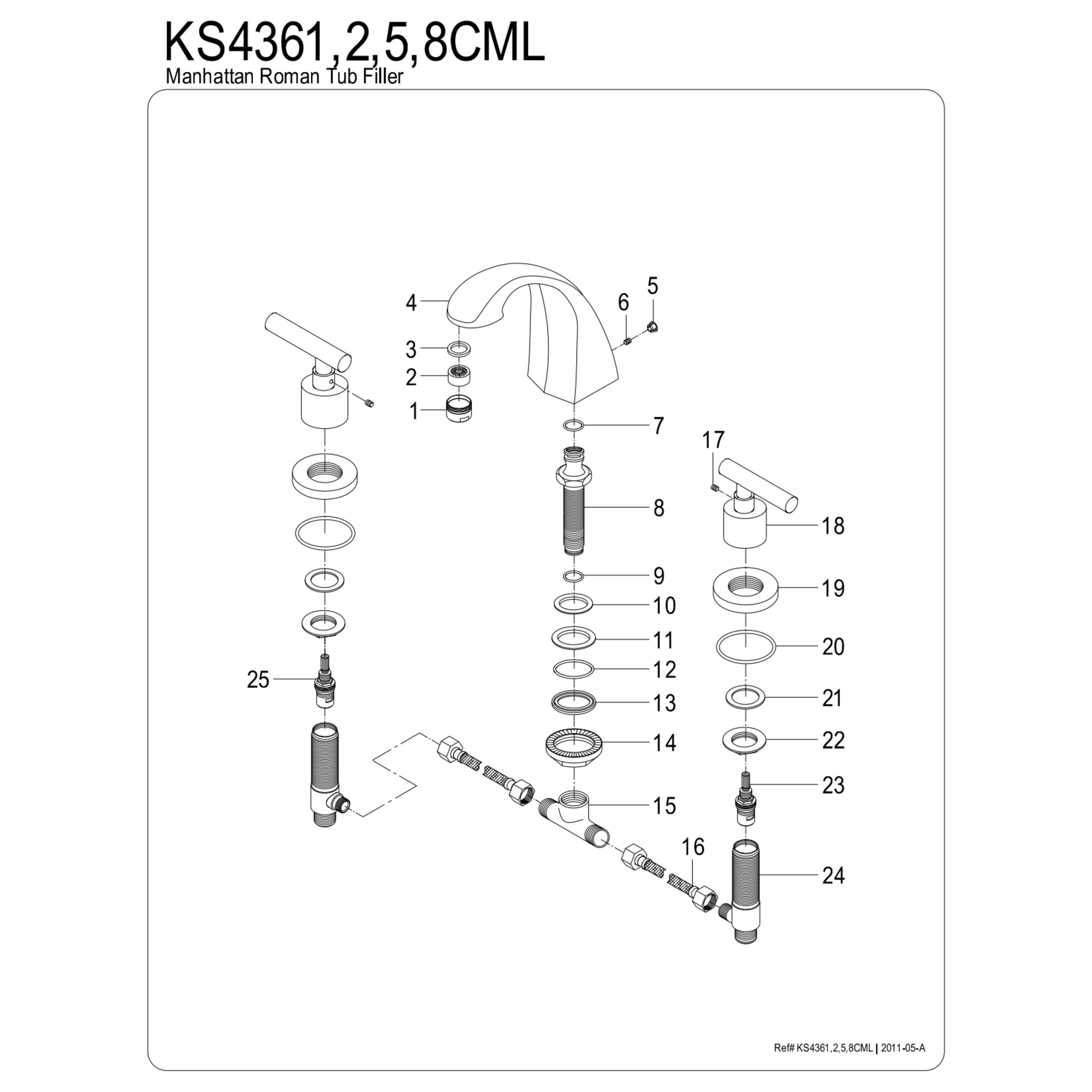 Kingston Brass KS4368CML Manhattan Two-Handle 3-Hole Deck Mount Roman Tub Faucet in Brushed Nickel