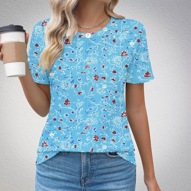 Blouses for Women, Womens Round Neck Fashionable Casual Short Sleeved Spring/summer Top